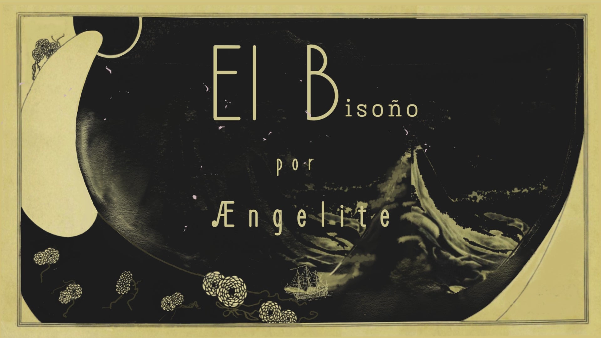 Trailer promocional de El bisoño, novela debut de Ængelite. Intertítulos en negro con letras amarillas de estilo antiguo, viaje por aguas árticas y mujer indígena. 